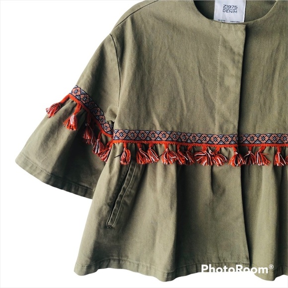 Zara Womens Size XS Denim Army Green Cropped Fringe Jacket Tassels Boho Boxy Fit - Picture 2 of 9